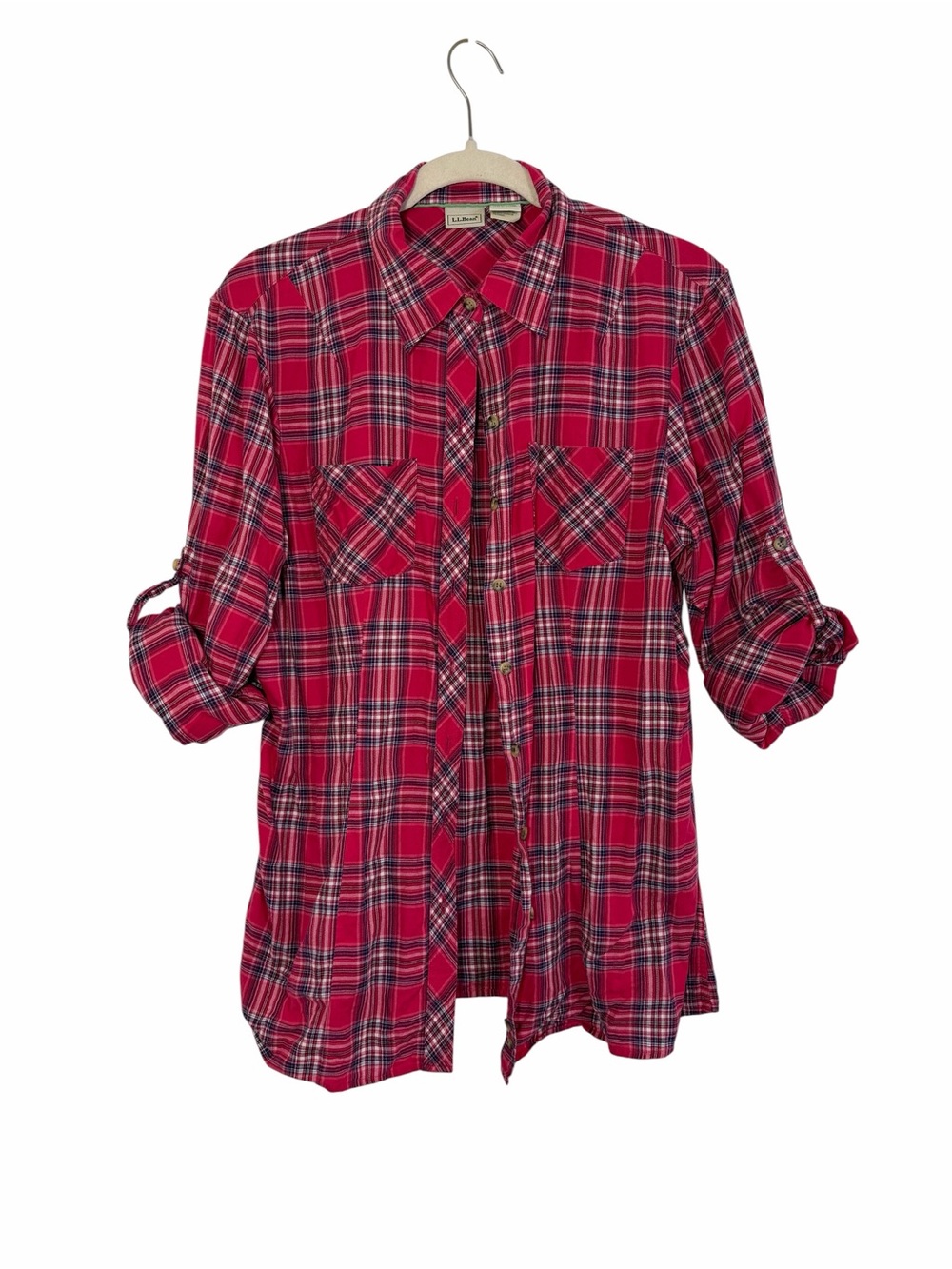 L.L.Bean Red Plaid Cotton Shirt Lagen Look Roll Tab Sleeve Size Small Pockets